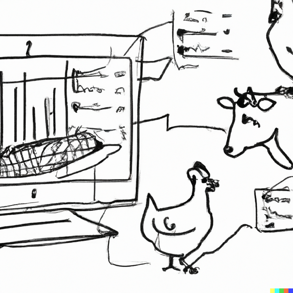 Image generated by Artificial intelligence: a sketch of a cow and a chicken in a computer showing graphs and a corn