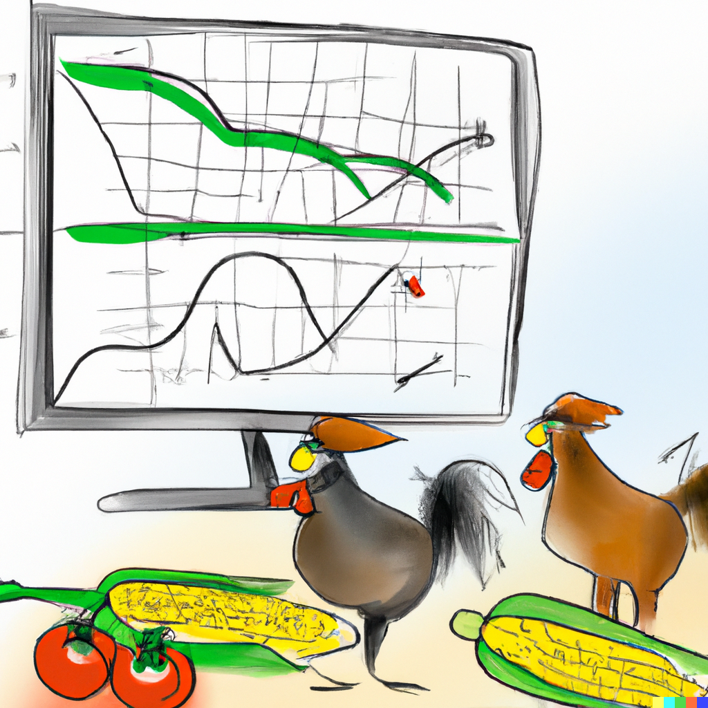 Image generated by Artificial intelligence: chickens, corn and a tomato close to a computer showing a graph