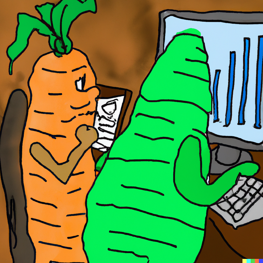a corn and a carrot working in a computer generated by AI: A corn and a carrot working in a computer - cartoon