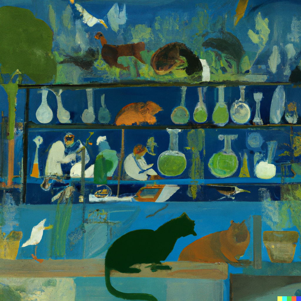 Image generated by Artificial intelligence: Animals and plants in a science laboratory