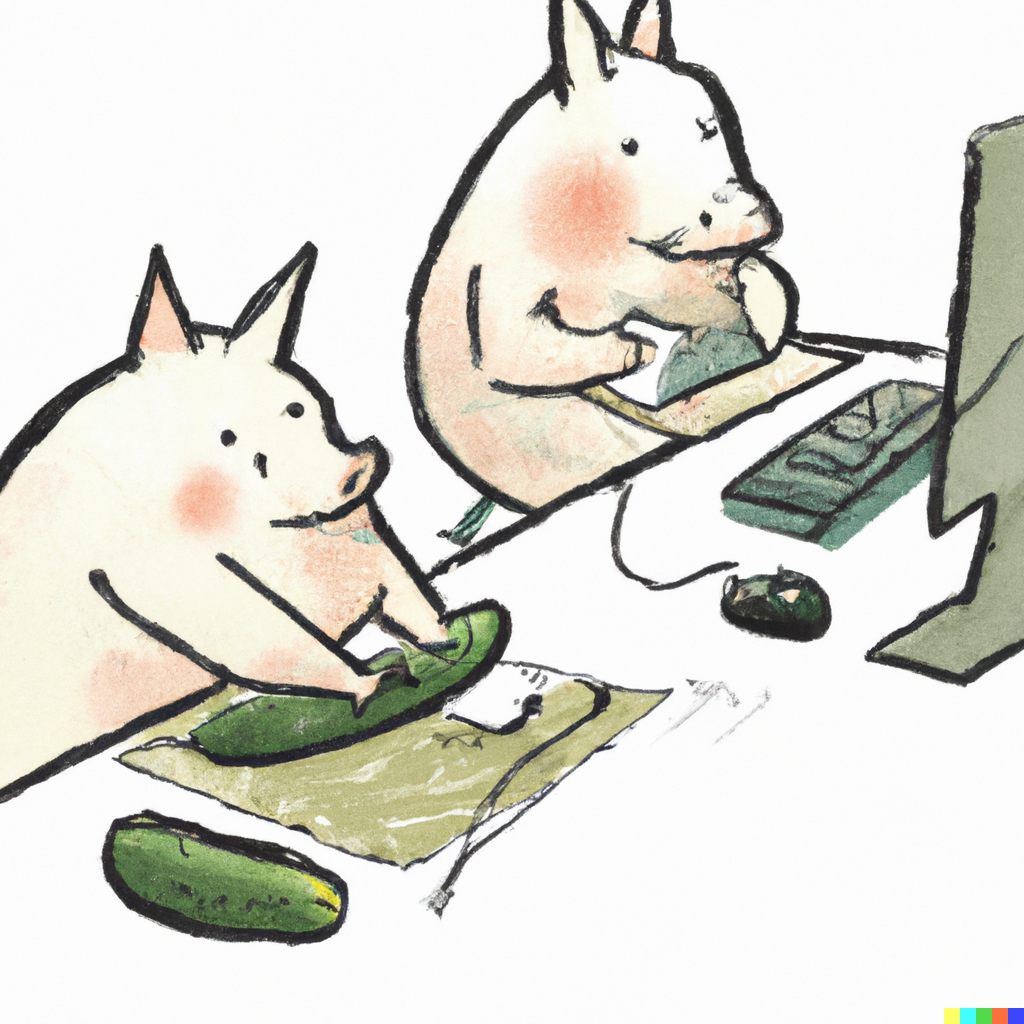 Image generated by Artificial intelligence: Two pigs and a cucumber working in a computer