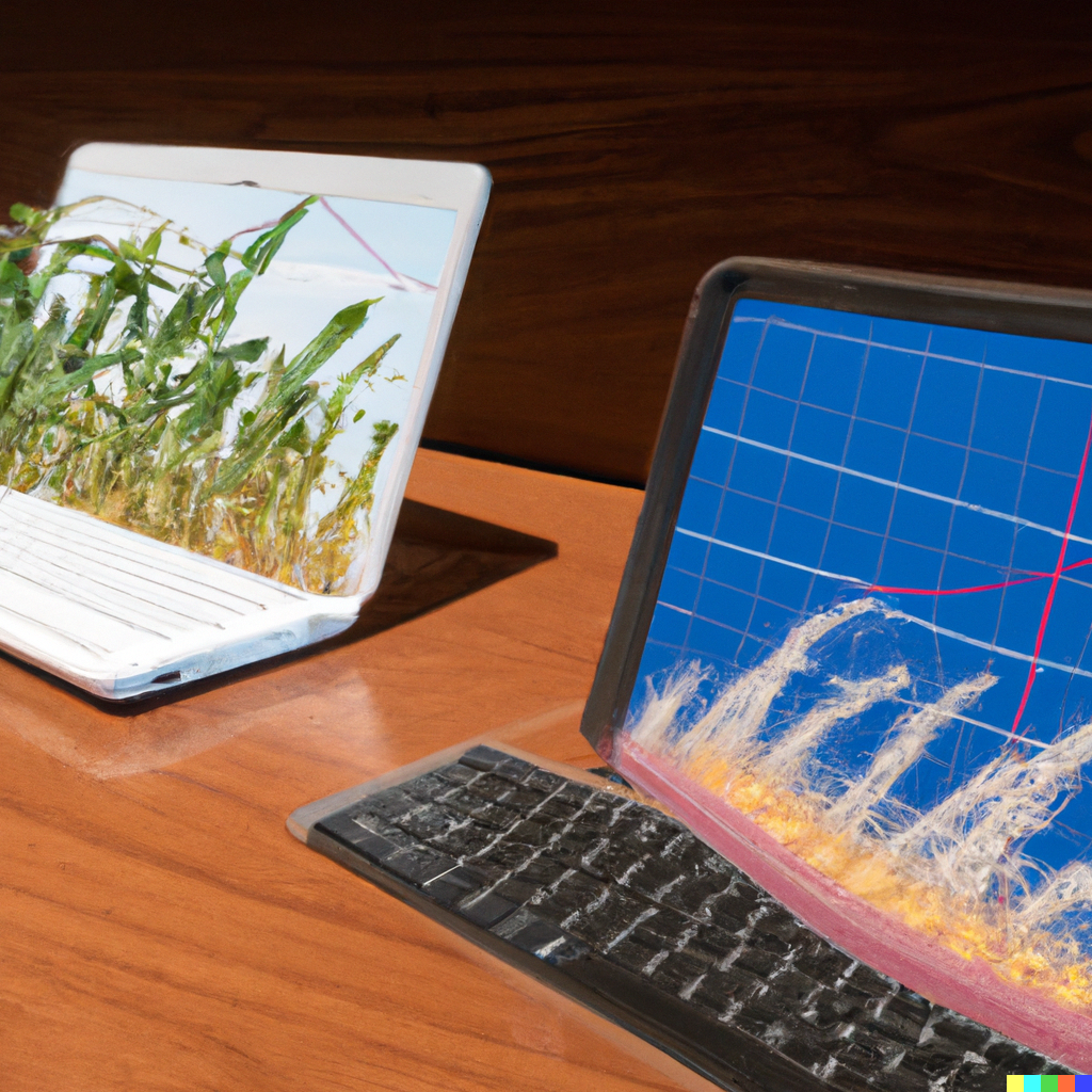 Image generated by Artificial intelligence: Two computers showing graphs with corn and wheat plants